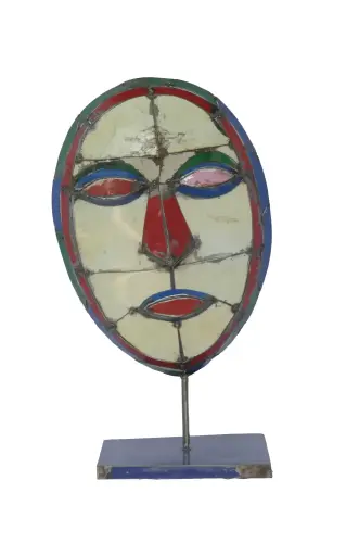 Product image of the product “Small Mask on stand - Modell 2, 53cm height, sculpture from upcyceled oil barrel. ”